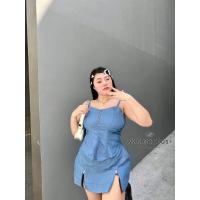 ราคา ชุดเดรสสายเดี่ยวสาวอวบ ผ้ายีนส์สไตล์เวียดนาม (21484965869)