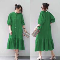 ราคา เดรสคอจีนแขนยาวกระดุมหน้ากระเป๋าข้างชายระบายผ้าเปลือกไม้สีพื้นสวยๆค่า (20952915579)
