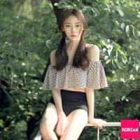 ราคา K18 Korean ชุดว่ายน้ำทูพีซลายสก็อต ปาดไหล่ กางเกงเอวสูงเก็บพุง สายปรับได้ (5047614598)