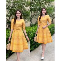 ราคา ชุดเดรสสีเหลือง ชุดเดรสผ้าไทยสีเหลือง ทอลายอัดกาวทั้งชุด เกรดพรีเมี่ยม (21580062322)