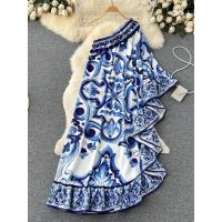 ราคา ชุดเดรสยาวไม่สมมาตรเปิดไหล่สำหรับผู้หญิงชุดเดรสยาวแต่งระบายเปิดไหล่แนวเซ็กซี่สำหรับเครื่องกระเบื้องสีขาวและน้ำเงิน (21534646844)