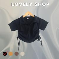 ราคา เสื้อแฟชั่น เสื้อครอป คอปก แขนสั้น ผ้ารังผึ้ง มีเชือกรูดเอวด้านข้าง (21623451786)