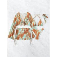 ราคา 40 68kg ชุดว่ายน้ำ 4 ชิ้น bikini เสื้อคลุม ผ้าคลุม ลายมัดย้อมสีคราม 2393 (20826959406)