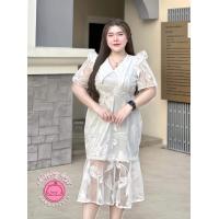 ราคา ฮ936 เดรสคอปกแหลมแต่งชายระบายลายดอกลิลลี่เสื้อผ้าสาวอวบอ้วนplussize (21431537087)