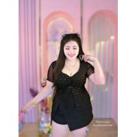 ราคา NT693 เสื้อครอปซีทรูลายตารางแต่งกลิตเตอร์วิ้งๆ แหวกหน้าเสริมฟองน้ำ อก38 46 (21406890454)