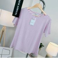 ราคา 072เสื้อยืดคอปาดแขนสั้น ลายริ้ว (21706236318)