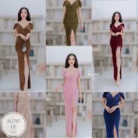 ราคา BN797 ราคา 349 บาท ชุดราตรี เดรสออกงาน เดรสยาว เดรสปาดไหล่ แต่งระบายผ้า เนื้อผ้ากลิตเตอร์กากเพชร ยืดเยอะ งานมีฟองน้ำ ซิปซ่อนหลังอย่างดี เป็นงานโชว์ไหล่ ชุดออกงาน ใส่สบาย สวยมากๆ สี ชมพู ครีม ทอง น้ำเ 