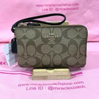 Coach C1859 Double Corner Zip Wristlet In Blocked Signature Canvas กระเป๋าสตางค์คล้องมือ