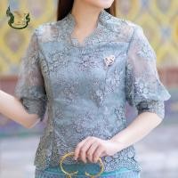ราคา เสื้อลูกไม้ เกรดพรีเมี่ยม ชุดออกงาน ชุดไปวัด ชุดทำบุญ ผ้าถุง ผ้าไหมทอเครื่อง มัดหมี่ 3 ตะกอ สีเขียวหม่นเทา (21062507696)