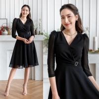 ราคา PD106 Sunshine Dress เดรสผ้าชีฟอง คอวีป้าย แต่งเพชร แขนห้าส่วน กระโปรงบานย้วย (19242523330)