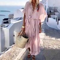 ราคา ZZOOI JODIMITTY Boho Style Long Dress Women Short Sleeve Loose Dress Ruffled Casual Beach Dress Vintage Chiffon Pink Maxi Dress Summer (14277017332)
