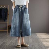 ราคา Plus size Summer 7 Points Length Flower Embroidered Denim Capri Pants Wide Leg Cropped Jeans (11885401634)