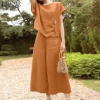 ราคา Esolo ZANZEA ชุดลำลองสำหรับผู้หญิง2ชิ้นชุดเสื้อยืดคอกลมเสื้อสตรีปักลายเสื้อเอวยางยืดสูทกางเกงขาม้า 15 (21772924502)