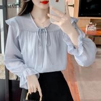 ราคา เสื้อแขนยาวผ้าชีฟองคอวีผูกโบว์ลูกไม้แขนทรัมเป็ตใหม่ฤดูใบไม้ผลิและฤดูใบไม้ร่วงของผู้หญิงเสื้อลูกไม้แต่งระบายสไตล์ฉบับภาษาเกาหลีเรียบง่ายหวาน (17968003287)
