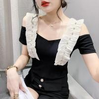 ราคา YIMEI เสื้อเปิดไหล่ผู้หญิงเสื้อเปิดไหล่2023แฟชั่นใหม่ฤดูร้อนเสื้อยืดปักเพชรเข้ารูปพอดีผู้หญิงสีดำบางเฉียบผ้าฝ้าย (19237021426)
