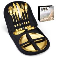 ราคา 10Pcs Stainless steel tableware set portable home and outdoor storage camping knives forks spoons plates (21560207529)