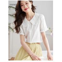 ราคา AMMIN เสื้อชีฟองลูกไม้คอตุ๊กตาผู้หญิงแฟชั่นสไตล์เกาหลีเสื้อลูกไม้ลายฉลุสองคอแขนพอง (18253289338)