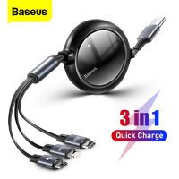ราคา Baseus สายชาร์เร็ว100W 3 in 1 USB C Cable for iPhone 12 13 Charger Micro USB Type C Fast Charge for Macbook Samsung Xiaomi Retractable Cord (14040816165)