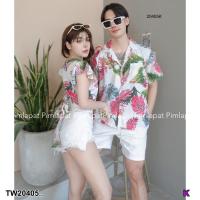 ราคา S20405 เซตคู่ เสื้อเชิ้ตฮาวาย เสื้อแขนระบายผูกเอว ลาบใบไม้ (21407338281)