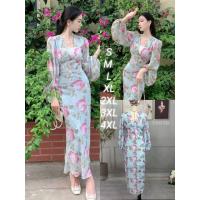 ราคา เดรสลายดอก เดรสสีฟ้า ชุดลายดอก เดรสเข้ารูป ชุดสวย แขนยาว สีฟ้า พร้อมส่ง (18612722033)