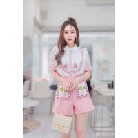 ราคา ป้าย Queen เซท 2 ชิ้นเสื้อคอปกแต่งระบายงานปักอกสวยๆ มาพร้อมกางเกงจาสั้นใส่สวยๆน่ารักๆ (21409487705)