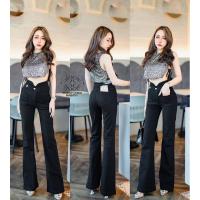 ราคา กางเกงยีนส์ขายาวทรงขาม้า เอวสูง แต่งขอบวี ดีเทลกระดุม (18934455536)