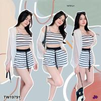 ราคา TW19791 Set 3 ชิ้น เสื้อเชิ้ตคลุม เสื้อสายเดี่ยว กางเกงขาสั้น (21575791174)