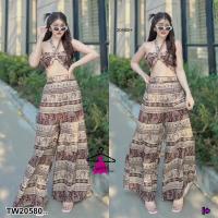 ราคา TW20580 set 2 ชิ้น เสื้อเกาะอกแต่งผูกโบว์ กางเกงขายาว ลายช้าง กางเกงช้าง (21687149710)