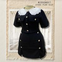 ราคา Plus size ชุดเซ็ท2ชิ้น เสื้อคอบัวแต่งลูกไม้ กระโปรงกางเกงแหวกหน้ากระดุมทองของสาวอวบ สไตล์ลูกคุณ รุ่น เซ็ทมิดเซน C6 (21432950678)