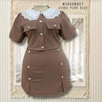 ราคา Plus size ชุดเซ็ท2ชิ้น เสื้อคอบัวแต่งลูกไม้ กระโปรงกางเกงแหวกหน้ากระดุมทองของสาวอวบ สไตล์ลูกคุณ รุ่น เซ็ทมิดเซน C6 (21476777682)