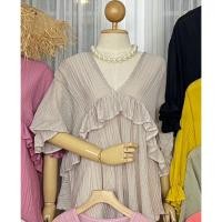 ราคา พร้อมส่ง เสื้อคอวีแขนตุ๊กตา แต่งระบายสาวอวบ Free size 32 46 นิ้ว เป็นผ้าลินิน (21498251592)