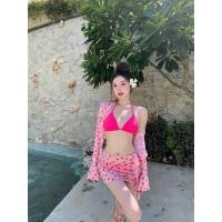 ราคา ชุดว่ายน้ำผู้หญิง Bikini Set 4 ชิ้น ทูพีซสีชมพู มีเสื้อคลุม และกระโปรงคลุมบิกินี่พิมพ์ลายหัวใจน่ารัก (21639031707)