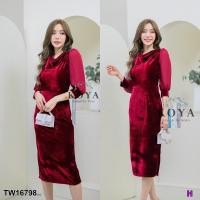 ราคา S16798 เดรสกำมะหยี่ แขนยาวแต่งแขนชีฟอง คอถ่วง (16706015627)