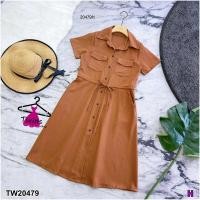 ราคา B20479 เดรสแขนสั้น กระดุมหน้า เอวรูดเชือก Short sleeve dress button front drawstring waist (21502539656)