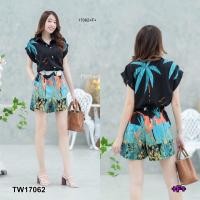ราคา TW17062 set 2 ชิ้น เสื้อเชิ้ตแขนเบิ้ลลายต้นมะพร้าว กางเกงขาสั้นลายต้นมะพร้าว Set of 2 pieces coconut tree pattern double sleeve shirt coconut tree pattern shorts (10616769512)