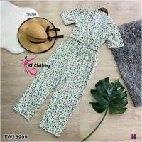 ราคา ฺB18909 จั้มสูทปกสูทขายาว ลายดอกไม้ เข็มขัด จั้มสูทปกสูทขายาวแนวตั้ง เข็มขัด (20485011109)