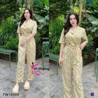 ราคา S18909 จั้มสูทปกสูทขายาว ลายดอกไม้ เข็มขัด (20475876810)