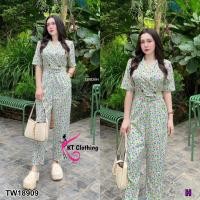 ราคา S18909 จั้มสูทปกสูทขายาว ลายดอกไม้ เข็มขัด (20475876809)