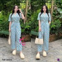 ราคา S18909 จั้มสูทปกสูทขายาว ลายดอกไม้ เข็มขัด (20475876811)
