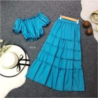 ราคา B13071 Set 2 ชิ้น เสื้อครอปคอกว้าง กระโปรงยาว 2 piece set wide neck crop top long skirt (20055925654)