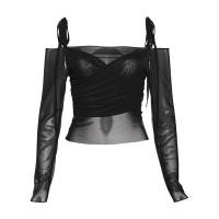 ราคา Cutenew เสื้อยืดแฟชั่นเปิดไหล่แขนยาวธรรมดาตาข่ายเย็บปะติดปะต่อบางผู้หญิงเสื้อยืดเอวลอยยืดได้แบบเรียบง่าย (20502747409)