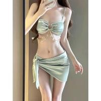 ราคา ชุดว่ายน้ำผู้หญิง Bikini Set 3 ชิ้น บราเกาะอก แต่งอะไหล่โซ่ประดับคริสตัลเปลือกหอย มีผ้าคลุมบิกินี่ (21638874699)