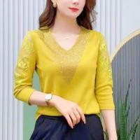 ราคา เสื้อเอวจั๊มปักเลื่อมคอวีแขนสามส่วนสำหรับผู้หญิงแฟชั่นฤดูใบไม้ผลิและฤดูใบไม้ร่วงเสื้อเชิ้ตเสื้อสตรี (20167614420)