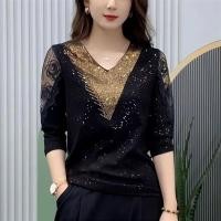 ราคา เสื้อเอวจั๊มปักเลื่อมคอวีแขนสามส่วนสำหรับผู้หญิงแฟชั่นฤดูใบไม้ผลิและฤดูใบไม้ร่วงเสื้อเชิ้ตเสื้อสตรี (20167614421)