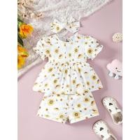 ราคา ชุดสูทสำหรับ1 3ปีฤดูร้อนสำหรับเด็กผู้หญิงทารก3ชิ้นชุดเสื้อเชิ้ตและกางเกงขาสั้นภาพพิมพ์ดอกทานตะวันลายดอกไม้แขนแขนสั้นพัฟพร้อมที่ประดับผมสำหรับเด็กวัยหัดเดิน (21538995887)