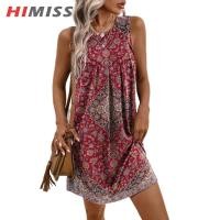 ราคา HIMISS Women Summer Printed Fashion Dress Sleeveless Round Color Beach Sundress Casual Loose Tank Dress (21172512794)