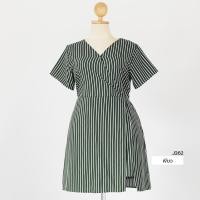 ราคา J362 จั๊มผ้าไหมอิตาลีขาสั้นแต่งกระโปรงผ่าข้างลายริ้ว ยาว37 (19398247736)