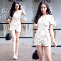 ราคา B4431 จั้มสูทขาสั้นผ้าหนังกบพิมพ์ลายดอกไม้ Frog skin printed short sleeved jumpsuit (11568772739)