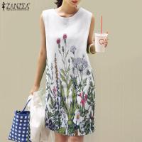 ราคา Esolo ZANZEA ชุดเสื้อแขนกุดลายดอกไม้วินเทจคอกลมทรงหลวมเดรสยาวเท่าเข่า 7 (20915162658)