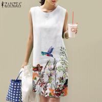 ราคา Esolo ZANZEA ชุดเสื้อแขนกุดลายดอกไม้วินเทจคอกลมทรงหลวมเดรสยาวเท่าเข่า 7 (20915162665)